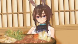 Rule 34 | 1girl, absurdres, amiya (arknights), animal ear fluff, animal ears, arknights, bare shoulders, blue eyes, blurry, blurry background, blurry foreground, brown hair, commentary request, depth of field, food, grin, hair between eyes, highres, linchuanzelaip, long hair, looking at viewer, parted lips, rabbit ears, shirt, sleeveless, sleeveless shirt, smile, solo, upper body, white shirt