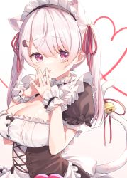 Rule 34 | 1girl, :p, animal ear fluff, animal ears, bell, black dress, breasts, cat ears, cat girl, cat tail, cleavage, closed mouth, dress, gradient background, grey background, hair between eyes, hair ornament, hair ribbon, hairclip, hands up, heart, highres, jingle bell, ksk (semicha keisuke), long hair, medium breasts, nijisanji, puffy short sleeves, puffy sleeves, purple eyes, red ribbon, ribbon, shiina yuika, shiina yuika (5th costume), short sleeves, silver hair, smile, solo, steepled fingers, tail, tail bell, tail ornament, tail raised, tail ribbon, tongue, tongue out, twintails, virtual youtuber, white background