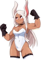 Rule 34 | 1girl, absurdres, animal ears, bare shoulders, black gloves, blush, boku no hero academia, breasts, cleavage, clenched hands, closed mouth, collarbone, commentary, covered navel, cropped legs, dark-skinned female, dark skin, dashi (dashiart), english commentary, gloves, gluteal fold, grey hair, groin, hands up, highleg, highleg leotard, highres, large breasts, leotard, long hair, looking to the side, medium breasts, mirko, muscular, muscular female, patreon username, playboy bunny, rabbit ears, red eyes, simple background, skindentation, smirk, solo, strapless, strapless leotard, thighhighs, thighs, very long hair, watermark, web address, white background