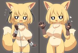 Rule 34 | 1girl, animal ear fluff, animal ears, bikini, black bow, black eyes, blonde hair, blush, bow, breasts, bright pupils, collar, colored skin, commentary request, completely nude, cowboy shot, detached collar, flying sweatdrops, fox ears, fox girl, fox tail, furry, furry female, grey background, hair bow, heart, large breasts, lets0020, looking at viewer, looking to the side, medium bangs, navel, no nipples, nose blush, nude, open mouth, original, short hair, simple background, smile, string bikini, swimsuit, tail, thighhighs, white collar, white pupils, white thighhighs, wrist cuffs, yellow skin