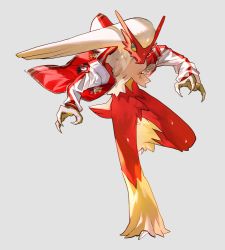 Rule 34 | blaziken, blue eyes, claws, closed mouth, clothed pokemon, colored sclera, creatures (company), full body, furry, game freak, gen 3 pokemon, grey background, jacket, leg up, long hair, long sleeves, newo (shinra-p), nintendo, open clothes, open jacket, pokemon, pokemon (creature), red jacket, shiny skin, simple background, solo, standing, standing on one leg, tail, white hair, yellow sclera