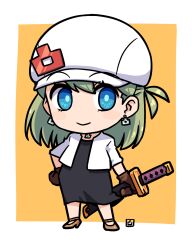 Rule 34 | 1girl, black dress, blue eyes, brown footwear, brown gloves, cabbie hat, chibi, closed mouth, commentary request, cropped jacket, dress, earrings, full body, gloves, green hair, hair between eyes, hand on own hip, hat, high heels, highres, holding, holding sheath, jacket, jewelry, katana, long hair, long sleeves, looking at viewer, muu (mumumer), open clothes, open jacket, orange background, original, sheath, sheathed, shoes, smile, solo, standing, sword, two-tone background, weapon, white background, white hat, white jacket, yunomiya agari