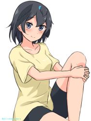 Rule 34 | 1girl, absurdres, bike shorts, black hair, black shorts, blue eyes, casual, closed mouth, commentary, head wings, highres, hugging own legs, interlocked fingers, kemono friends, knee up, looking at viewer, own hands together, shiraha maru, shirt, short hair, short sleeves, shorts, simple background, sitting, sketch, smile, solo, superb bird-of-paradise (kemono friends), t-shirt, white background, wings, yellow shirt
