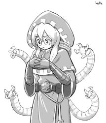 Rule 34 | 1girl, :3, belt, commentary, glasses, greyscale, hood, lutherniel, mechanical arms, monochrome, own hands together, robe, skull, techpriest, warhammer 40k