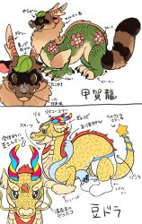 Rule 34 | antlers, black eyes, brown eyes, brown fur, character sheet, commentary request, dragon, eastern dragon, green scales, hagoromo, highres, horns, mode aim, multicolored horns, multiple views, no humans, peanuts-kun, ponpoko (vtuber), raccoon tail, shawl, simple background, star (symbol), tail, translation request, utochan (uptkop), virtual youtuber, white background, yellow scales