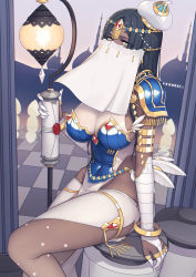Rule 34 | 1girl, aqua eyes, arabian clothes, armlet, armor, black hair, breasts, bridal gauntlets, caster of the nocturnal castle, dark-skinned female, dark skin, dress, evan yang, evening, fate (series), forehead jewel, gold, highres, hip focus, impossible clothes, jewelry, long hair, looking at viewer, medium breasts, mouth veil, navel, parted bangs, pauldrons, pelvic curtain, perspective, reflective floor, revealing clothes, ring, scheherazade (fate), see-through, shoulder armor, sitting, solo, staff, star (symbol), strapless, strapless dress, thighs, thumb ring, tile floor, tiles, veil, very long hair, white dress