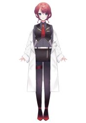 Rule 34 | 1girl, black skirt, black vest, blue eyes, breasts, collared shirt, grey shirt, hair behind ear, highres, hoshina sei, indie virtual youtuber, kom0980, lab coat, large breasts, necktie, off shoulder, official art, open hands, pantyhose, red hair, red necktie, shirt, skirt, smile, solo, thigh strap, vest, virtual youtuber, white background
