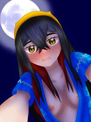 Rule 34 | 1girl, absurdres, accidental exposure, black hair, blush, breasts, carmine (pokemon), collarbone, colored inner hair, creatures (company), crossed bangs, embarrassed, eyebrows hidden by hair, eyelashes, female focus, from below, full moon, game freak, gi zen, hair between eyes, hairband, highres, jinbei (clothes), long hair, looking at viewer, medium breasts, mole, mole under eye, moon, moonlight, multicolored hair, neck, night, night sky, nintendo, nipples, no bra, official alternate costume, open clothes, open mouth, outdoors, outstretched arms, pokemon, pokemon sv, pov, red hair, short sleeves, sidelocks, sky, two-tone hair, wardrobe malfunction, wavy hair, wide sleeves, yellow eyes, yellow hairband