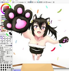 Rule 34 | 1girl, :d, ahoge, animal ears, animal hands, bad id, bad pixiv id, bare shoulders, barefoot, beifeng han, bell, black hair, blush, breasts, cat ears, cat paws, cat tail, cleavage, fang, foreshortening, full body, fur trim, gloves, hair bell, hair between eyes, hair ornament, long hair, looking at viewer, miyaura sanshio, open mouth, original, outstretched arm, paw gloves, purple eyes, smile, solo, tail, through medium, through screen, twintails