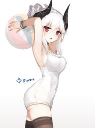 Rule 34 | 1girl, :o, albino, armpits, arms up, asicah, ball, beachball, black thighhighs, blue nails, blush, bracelet, breasts, competition school swimsuit, covered navel, cowboy shot, gradient background, holding, holding ball, horns, jewelry, looking at viewer, looking to the side, medium breasts, multicolored nails, nail polish, name tag, one-piece swimsuit, open mouth, original, pink nails, red eyes, school swimsuit, sidelocks, skin tight, solo, standing, swimsuit, thighhighs, thighs, v-shaped eyebrows, white background, white hair, white one-piece swimsuit