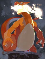 Rule 34 | absurdres, blue eyes, blurry, breath weapon, breathing fire, charmeleon, claws, commentary request, creatures (company), fire, flame-tipped tail, from below, game freak, gen 1 pokemon, highres, looking to the side, nintendo, no humans, pokemon, pokemon (creature), solo, standing, yunimaru