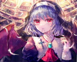 Rule 34 | 1girl, ascot, bat wings, black dress, blue hair, brooch, cross, cross necklace, dress, habit, highres, jewelry, juliet sleeves, long sleeves, necklace, nun, puffy sleeves, red ascot, red eyes, remilia scarlet, solo, suzushina, touhou, wings