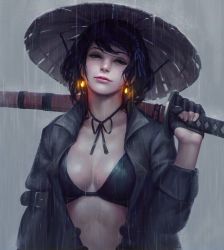 Rule 34 | 1girl, arm belt, bikini, bikini top only, black bikini, black gloves, blue ribbon, breasts, breasts apart, chin strap, closed mouth, coat, collarbone, eyelashes, eyeliner, fingernails, gloves, grey coat, guweiz, hair ribbon, hand up, hat, holding, holding sword, holding weapon, jpeg artifacts, katana, lips, lipstick, long sleeves, looking at viewer, makeup, mascara, medium breasts, nose, open clothes, open coat, original, over shoulder, partially fingerless gloves, pink lips, rain, realistic, ribbon, scabbard, sheath, sheathed, short hair, smile, solo, strap gap, straw hat, swept bangs, swimsuit, sword, upper body, weapon, weapon over shoulder, wet