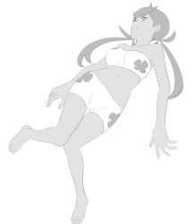 Rule 34 | 1girl, bare arms, bare legs, bare shoulders, barefoot, bikini, breasts, collarbone, creatures (company), feet, floral print, flower, full body, game freak, greyscale, groin, hair flower, hair ornament, knees together feet apart, long hair, lying, mallow (pokemon), medium breasts, monochrome, navel, nintendo, on back, open mouth, pokemon, pokemon (anime), pokemon sm, pokemon sm (anime), simple background, solo, strapless, strapless bikini, swimsuit, thigh gap, trial captain, twintails, white background, zzz (draw)