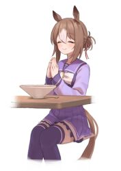 Rule 34 | 1girl, animal ears, blush, bow, bowl, bowtie, chopsticks, closed eyes, closed mouth, feet out of frame, fine motion (umamusume), hair bun, highres, horse ears, horse girl, horse tail, invisible chair, katuko deluxe, long sleeves, own hands clasped, own hands together, purple shirt, purple skirt, purple thighhighs, sailor collar, school uniform, shirt, short hair, simple background, sitting, skirt, smile, solo, table, tail, thighhighs, tracen school uniform, umamusume, white background
