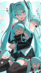 Rule 34 | 1girl, @ @, ^^^, absurdres, aqua eyes, aqua hair, aqua necktie, black footwear, black skirt, black sleeves, boots, character doll, collared shirt, commentary, detached sleeves, furrowed brow, grey shirt, hair between eyes, hair ornament, hana hebi, hatsune miku, highres, hugging doll, hugging object, long hair, motion lines, necktie, open mouth, pleated skirt, shirt, sitting, skirt, sleeveless, sleeveless shirt, solo, teeth, thigh boots, translation request, twintails, upper teeth only, very long hair, vocaloid, wariza, wide sleeves