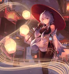 Rule 34 | 1girl, ahoge, architecture, bare shoulders, bell, black gloves, black legwear, blue hair, blush, breasts, building, chinese knot, crowd, detached sleeves, east asian architecture, flower knot, ganyu (genshin impact), genshin impact, gloves, gold trim, highres, holding, holding umbrella, horns, lantern, legs together, long hair, medium breasts, neck bell, oil-paper umbrella, outdoors, paper lantern, purple eyes, red rope, rope, sidelocks, st ard, tassel, thighlet, thighs, umbrella, vision (genshin impact), white sleeves