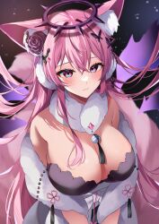 Rule 34 | 1girl, absurdres, animal ear fluff, animal ears, bell, black dress, black flower, black rose, blush, breasts, butterfly hair ornament, cat ears, chinese knot, cleavage, dark halo, dress, flower, fur (clothing), hair between eyes, hair flower, hair ornament, halo, highres, indie virtual youtuber, jingle bell, large breasts, long hair, moonbell, multicolored eyes, neck bell, pink hair, rose, second-party source, solo, tassel, upper body, virtual youtuber, yuni nya