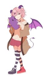 Rule 34 | 1girl, absurdres, asymmetrical footwear, bat wings, black footwear, black thighhighs, borrowed character, brown coat, closed mouth, coat, commentary, commission, curved horns, demon horns, demon tail, demon wings, english commentary, fang, fang out, hair ornament, hairclip, highres, hito (maruhito ), holding, horns, light smile, long sleeves, looking at viewer, mismatched footwear, mole, mole under eye, off shoulder, original, pink hair, pointy ears, purple horns, red eyes, red footwear, shoes, short hair, simple background, skin fang, sneakers, solo, split mouth, standing, striped clothes, striped thighhighs, tachi-e, tail, thighhighs, two-tone thighhighs, white background, white thighhighs, wings