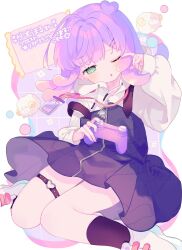 Rule 34 | 1girl, ;o, black dress, black socks, blush, commentary request, commission, controller, dress, game controller, green eyes, hair ornament, hairclip, highres, holding, holding controller, holding game controller, indie virtual youtuber, komomo (2899), long sleeves, looking at viewer, one eye closed, parted lips, pinafore dress, puffy long sleeves, puffy sleeves, purple hair, rubbing eyes, sheep, shirt, shoes, signature, sitting, skeb commission, sleeveless, sleeveless dress, socks, solo, thigh strap, translation request, wariza, white footwear, white shirt