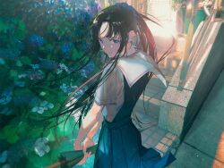 Rule 34 | 1girl, black hair, blue flower, blue hair, blue sky, bush, closed mouth, colorful, door, dress, dress shirt, flower, green umbrella, highres, holding, holding umbrella, house, light, long hair, long skirt, looking at viewer, looking back, original, parted bangs, petals, pleated dress, pleated skirt, ponytail, shadow, shiomi (lowrise), shirt, short sleeves, sidelocks, skirt, sky, smile, solo, stairs, standing, umbrella, white shirt