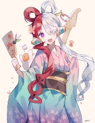 Rule 34 | 1girl, absurdres, artist name, blue kimono, blush, character name, cowboy shot, egasumi, flower, food, fruit, furisode, gradient kimono, hair flower, hair ornament, hair over one eye, hair rings, hairpin, hand up, headphones, highres, instrument, japanese clothes, kimono, long hair, looking at viewer, mandarin orange, multicolored hair, one piece, one piece film: red, open mouth, pink kimono, purple eyes, red hair, simple background, solo, split-color hair, two-tone hair, umemaro (siona0908), uta (one piece), white background, white hair
