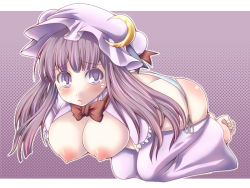 Rule 34 | 1girl, bad id, bad pixiv id, blush, breasts, crescent, crescent moon, crow (crowatelier), female focus, hat, large breasts, long hair, minoritylilac, moon, nipples, panties, patchouli knowledge, puffy nipples, purple eyes, purple hair, side-tie panties, solo, tears, touhou, underwear