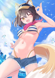 Rule 34 | 1girl, :d, absurdres, animal ear fluff, animal ears, armpits, barefoot, beru3, bikini, bird, blue archive, blue sky, blush, breasts, brown hair, cloud, commentary, covered erect nipples, day, denim, denim shorts, eyelashes, fang, fox ears, fox girl, fox shadow puppet, fox tail, from below, hair between eyes, hand up, happy, highres, izuna (blue archive), izuna (swimsuit) (blue archive), kneeling, light rays, looking at viewer, medium breasts, medium hair, micro shorts, navel, ocean, one eye closed, open mouth, outdoors, seagull, shorts, skin fang, sky, smile, solo, sparkle, stomach, striped bikini, striped clothes, sunbeam, sunlight, swimsuit, tail, visor cap, water drop, yellow eyes