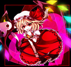 Rule 34 | 1girl, awa toka, blonde hair, female focus, flandre scarlet, glowing, hand on own face, hat, laevatein, nail polish, ponytail, red eyes, red nails, short hair, side ponytail, smirk, solo, embodiment of scarlet devil, touhou, wings, wrist cuffs