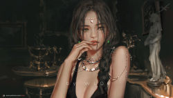 Rule 34 | 1girl, black dress, black hair, blurry, blurry background, braid, breasts, circlet, dress, finger to mouth, freckles, gem, ghostblade, grey eyes, head on hand, highres, jewelry, lips, long hair, necklace, patreon username, princess aeolian, ring, small breasts, solo, watermark, web address, wlop