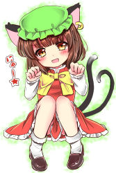 Rule 34 | 1girl, :d, animal ears, blunt bangs, blush, bow, bowtie, brown eyes, brown hair, cat ears, cat tail, chen, dress, earrings, fang, full body, green hat, hands up, hat, head tilt, highres, jewelry, knees together feet apart, knees up, long sleeves, looking at viewer, medium hair, mob cap, multiple tails, nekomata, open mouth, paw pose, petticoat, ramudia (lamyun), red dress, single earring, smile, solo, tail, touhou, two tails, v-shaped eyebrows, yellow bow, yellow bowtie