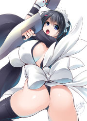 Rule 34 | 1girl, ass, black hair, black thighhighs, blue eyes, breasts, c.r., cleavage, hair ornament, highres, huge breasts, iroha (samurai spirits), japanese clothes, large breasts, maid, maid headdress, open mouth, samurai spirits, short hair, sideboob, solo, thighhighs, weapon