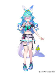 Rule 34 | 1girl, ahoge, akioair, azuri delfi, blue eyes, blue hair, cetacean tail, crop top, fins, fish tail, full body, hair ornament, hair scrunchie, high ponytail, highres, holding, holding microphone, kt. (kaisou-notagui), long hair, microphone, official art, pink-tinted eyewear, pleated skirt, scrunchie, simple background, skirt, sleeves past fingers, sleeves past wrists, smile, socks, solo, tail, thigh strap, tinted eyewear, white background, white skirt, white socks