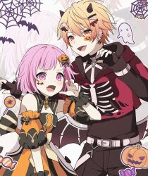 Rule 34 | 1boy, 1girl, bare shoulders, bat (animal), belt, black horns, blunt bangs, bob cut, bow, candy, cropped jacket, double-parted bangs, dress, facepaint, food, food-themed hair ornament, ghost, gradient hair, hair ornament, hairclip, halloween, halloween costume, highres, horns, jack-o&#039;-lantern, jacket, lollipop, long sleeves, look 128, multicolored hair, ootori emu, open mouth, orange dress, orange eyes, orange hair, pink eyes, pink hair, project sekai, puffy short sleeves, puffy sleeves, pumpkin, pumpkin hair ornament, red jacket, short hair, short sleeves, silk, skeleton, spider web, striped, striped bow, tenma tsukasa, white belt, wings, wrapped candy, wrist cuffs