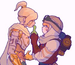 Rule 34 | 2girls, android, animification, apex legends, backpack, bag, blonde hair, blush, brown gloves, brown headwear, brown vest, closed eyes, eyeshadow, facial scar, fog (kiri hatori), from side, gloves, goggles, goggles on headwear, hair behind ear, hat, highres, holding, holding stuffed toy, looking at another, looking up, makeup, marble goddess wraith, metal gloves, metal skin, multiple girls, nessie (respawn), object kiss, official alternate costume, outlands explorer wattson, ponytail, scar, scar on cheek, scar on face, scarf, simple background, smile, stuffed toy, vest, wattson (apex legends), white hair, white scarf, wraith (apex legends), yellow eyeshadow, yellow gloves