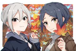 Rule 34 | autumn leaves, blue hair, brown eyes, hayami kanade, jacket, looking at viewer, shiomi syuko, white hair, yellow eyes