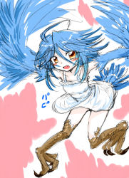 Rule 34 | 10s, 1girl, ahoge, blue hair, blue wings, blush, blush stickers, dress, fang, feathered wings, flat chest, harpy, monster girl, monster musume no iru nichijou, olsa (oftintys), papi (monster musume), red eyes, solo, talons, white dress, winged arms, wings
