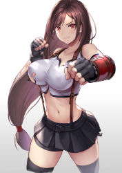 Rule 34 | 1girl, bad id, bad pixiv id, bare shoulders, black skirt, black thighhighs, blush, breasts, brown hair, closed mouth, collarbone, elbow pads, final fantasy, final fantasy vii, fingerless gloves, gloves, large breasts, long hair, looking at viewer, low-tied long hair, midriff, mokyumokyuchan, navel, pencil skirt, red eyes, shirt, skirt, smile, solo, suspender skirt, suspenders, tank top, taut clothes, taut shirt, thighhighs, thighs, tifa lockhart, torn clothes, white tank top