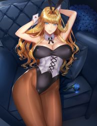 Rule 34 | 1girl, animal ears, arms up, bare shoulders, blonde hair, blue eyes, blue flower, blue rose, blunt bangs, blush, breasts, brown pantyhose, cleavage, corset, couch, covered erect nipples, damegane, detached collar, fake animal ears, flower, hair intakes, highres, large breasts, legs together, leotard, long hair, looking at viewer, original, pantyhose, parted lips, pillow, playboy bunny, rabbit ears, rose, solo, victoria (damegane), wavy hair, wrist cuffs