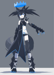 Rule 34 | 1girl, 32zzz, alternate costume, animal ear fluff, animal ears, asymmetrical dress, bare shoulders, black dress, black hair, black rock shooter, black rock shooter (character), black shorts, black thighhighs, blue eyes, claws, dress, floating crown, hair between eyes, highres, long hair, navel, open mouth, scar, scar on stomach, short shorts, shorts, sidelocks, solo, stitches, tail, teeth, thighhighs, twintails, uneven twintails, upper teeth only, wolf ears, wolf tail
