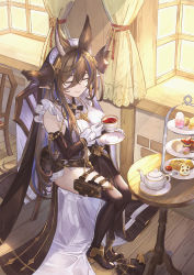 Rule 34 | 1girl, absurdres, animal ear fluff, animal ears, ankle boots, bare shoulders, belt, belt pouch, black dress, black footwear, black thighhighs, blue eyes, boots, breasts, brown hair, closed eyes, closed mouth, cup, curtains, detached sleeves, dress, food, galleon (granblue fantasy), gloves, granblue fantasy, hair between eyes, high heel boots, high heels, highres, holding, holding cup, huanghyy, indoors, large breasts, long hair, long sleeves, multicolored hair, pastry, pelvic curtain, poi, pouch, saucer, sitting, smile, solo, streaked hair, table, tea, teacup, teapot, thigh pouch, thigh strap, thighhighs, tiered tray, two-tone hair, very long hair, white gloves, window, wooden floor, wooden table
