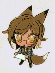 Rule 34 | 1girl, animal ears, brown eyes, brown hair, earrings, fox ears, fox tail, glasses, highres, holding, holding paper, huyj cl, jewelry, limbus company, looking at viewer, open mouth, outis (project moon), paper, project moon, solo, surprised, tail, triangle mouth