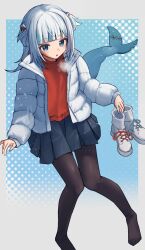 Rule 34 | 1girl, 3xens, black pantyhose, black skirt, blue eyes, blue hair, blunt bangs, blush, boots, breath, choppy bangs, coat, commentary request, fins, fish tail, from above, gawr gura, grey hair, hair ornament, highres, holding, holding clothes, holding footwear, hololive, hololive english, invisible chair, long hair, long sleeves, looking at viewer, miniskirt, multicolored hair, no shoes, open mouth, pantyhose, pleated skirt, ribbed sweater, shark hair ornament, shark tail, sitting, skirt, snow boots, solo, streaked hair, sweater, tail, two side up, unworn boots, virtual youtuber, white coat