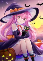 Rule 34 | 1girl, animal, bat (animal), black cat, black dress, black gloves, breasts, cat, commentary request, dress, elbow gloves, eyes visible through hair, gloves, hat, holding, holding animal, holding cat, jack-o&#039;-lantern, kimura pikoriino, long hair, pink eyes, pink hair, small breasts, solo, sparkle, sun, tensei-kun wa lolicon janai!, witch hat