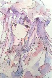 Rule 34 | 1girl, absurdres, blue bow, blunt bangs, bow, bun cover, commentary, crescent, dress, frills, hair bow, hat, highres, kamu kotan, long hair, looking at viewer, mob cap, patchouli knowledge, portrait, purple dress, purple eyes, purple hair, red bow, touhou, traditional media