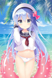 Rule 34 | 10s, 1girl, beach, blue eyes, blue hair, bow, commentary request, day, hair bow, hibiki (kancolle), innertube, kantai collection, long hair, looking at viewer, navel, outdoors, panties, revision, school uniform, serafuku, sky, solo, swim ring, tsukiji, underwear, verniy (kancolle), water, white panties