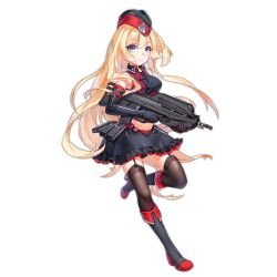 Rule 34 | 1girl, assault rifle, bare shoulders, belt, black gloves, black thighhighs, blonde hair, bullpup, cartridge, detached sleeves, eyebrows, f2000 (girls&#039; frontline), fn f2000, fn herstal, full body, garter belt, garter straps, girls&#039; frontline, gloves, gun, hat, holding, holding gun, holding weapon, holster, leg up, logo, long hair, long sleeves, looking at viewer, modular weapon system, navel, nose, official art, personification, rifle, skirt, smile, solo, thighhighs, transparent background, trigger discipline, very long hair, weapon