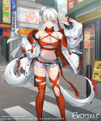 Rule 34 | absurdres, azu-taro, boots, breasts, city, evertale, highres, navel, puffy sleeves, revealing clothes, short shorts, shorts, solo, thigh boots, thigh strap, thighhighs, thighs, white hair