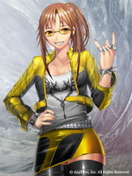 Rule 34 | 1girl, \m/, bad id, bad pixiv id, brown hair, furyou michi ~gang road~, glasses, grin, jewelry, ponytail, ring, shijima (tanfn), skirt, smile, sunglasses, thighhighs