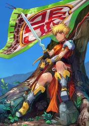 Rule 34 | armor, blonde hair, brown eyes, flag, original, ryuutetsu, short hair, solo, sword, weapon